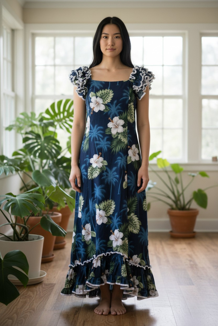 Pacific Legend Navy Blue Hibiscus Print Long Hawaiian MuuMuu Dress Size Small